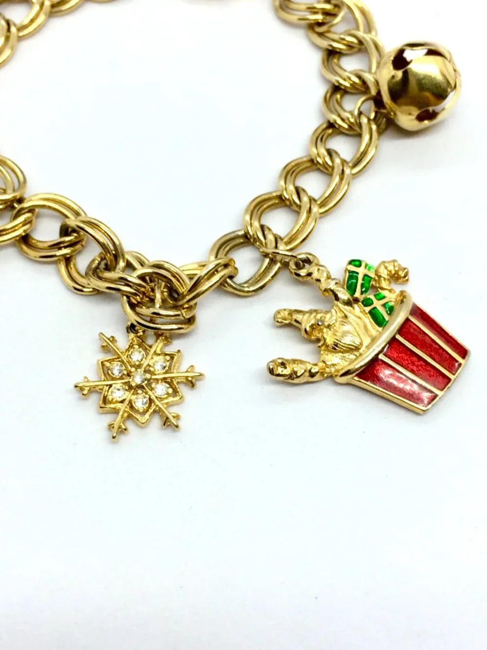 VINTAGE CHRISTMAS BRACELET Gold Tone Enamel Santa Candy Cane Bell Charms 90s
